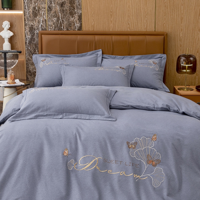 91家纺网 家纺一手货源 找家纺 纽缦 2022新款纯棉加厚纯色绣花款床笠四件套 锦园春高级灰