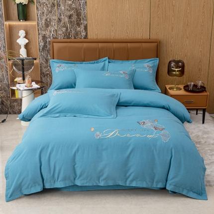 纽缦 2022新款纯棉加厚纯色绣花款床笠四件套 锦园春孔雀蓝
