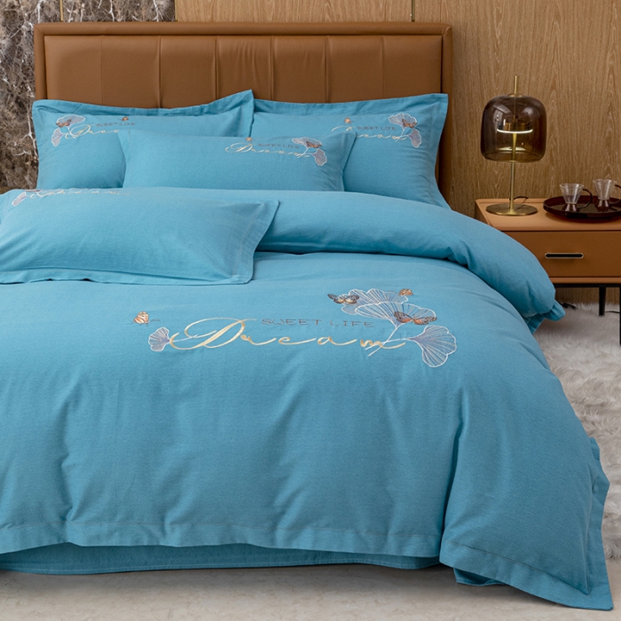 91家纺网 家纺一手货源 找家纺 纽缦 2022新款纯棉加厚纯色绣花款床笠四件套 锦园春孔雀蓝