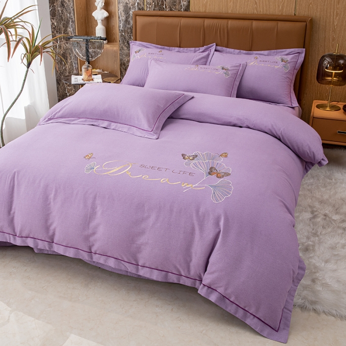 91家纺网 家纺一手货源 找家纺 纽缦 2022新款纯棉加厚纯色绣花款床笠四件套 锦园春梦幻紫