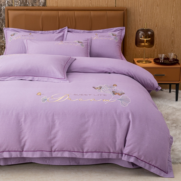 91家纺网 家纺一手货源 找家纺 纽缦 2022新款纯棉加厚纯色绣花款床笠四件套 锦园春梦幻紫