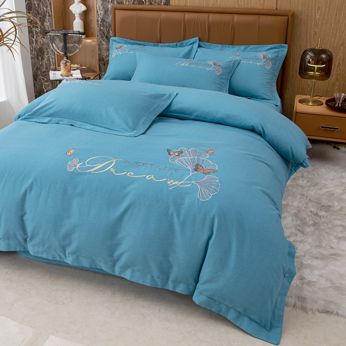 91家纺网 家纺一手货源 找家纺 纽缦 2022新款纯棉加厚纯色绣花款床笠四件套 锦园春孔雀蓝