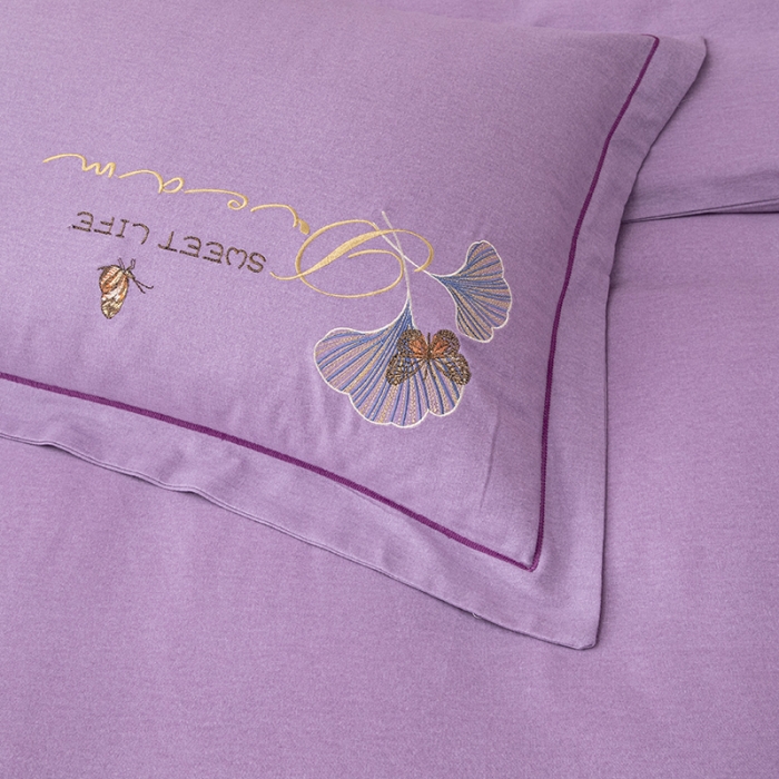 91家纺网 家纺一手货源 找家纺 纽缦 2022新款纯棉加厚纯色绣花款床笠四件套 锦园春梦幻紫