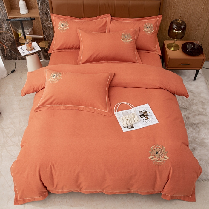 91家纺网 家纺一手货源 找家纺 纽缦 2022新款纯棉加厚纯色绣花款床笠四件套 满朝欢爱马橙