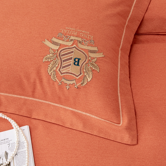 91家纺网 家纺一手货源 找家纺 纽缦 2022新款纯棉加厚纯色绣花款床笠四件套 满朝欢爱马橙