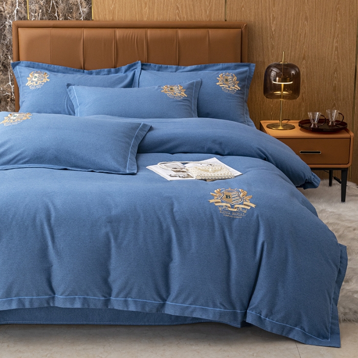 91家纺网 家纺一手货源 找家纺 纽缦 2022新款纯棉加厚纯色绣花款床笠四件套 满朝欢宝石蓝