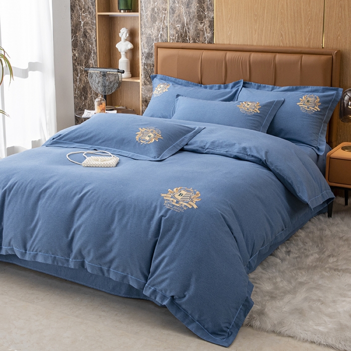91家纺网 家纺一手货源 找家纺 纽缦 2022新款纯棉加厚纯色绣花款床笠四件套 满朝欢宝石蓝