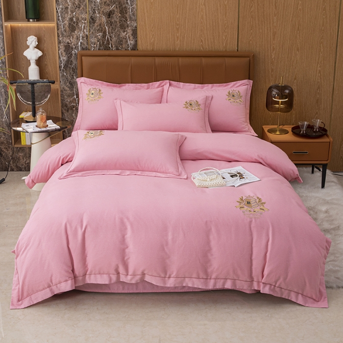 91家纺网 家纺一手货源 找家纺 纽缦 2022新款纯棉加厚纯色绣花款床笠四件套 满朝欢豆沙粉
