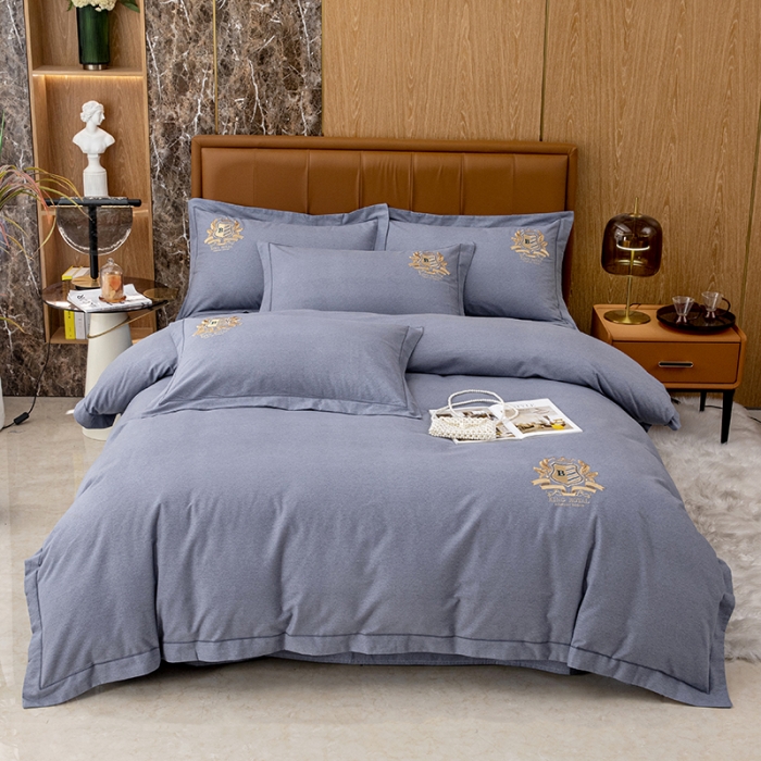 91家纺网 家纺一手货源 找家纺 纽缦 2022新款纯棉加厚纯色绣花款床笠四件套 满朝欢高级灰