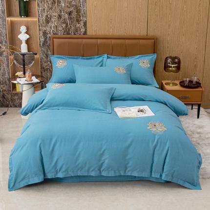纽缦 2022新款纯棉加厚纯色绣花款床笠四件套 满朝欢孔雀蓝