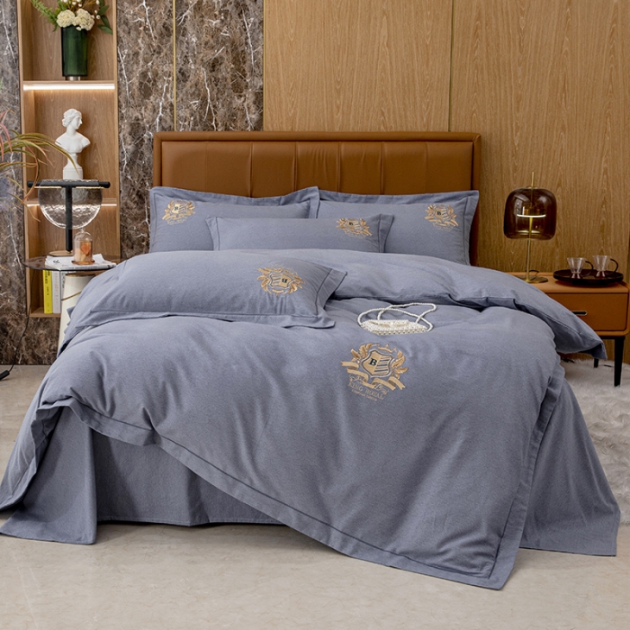 91家纺网 家纺一手货源 找家纺 纽缦 2022新款纯棉加厚纯色绣花款床笠四件套 满朝欢高级灰