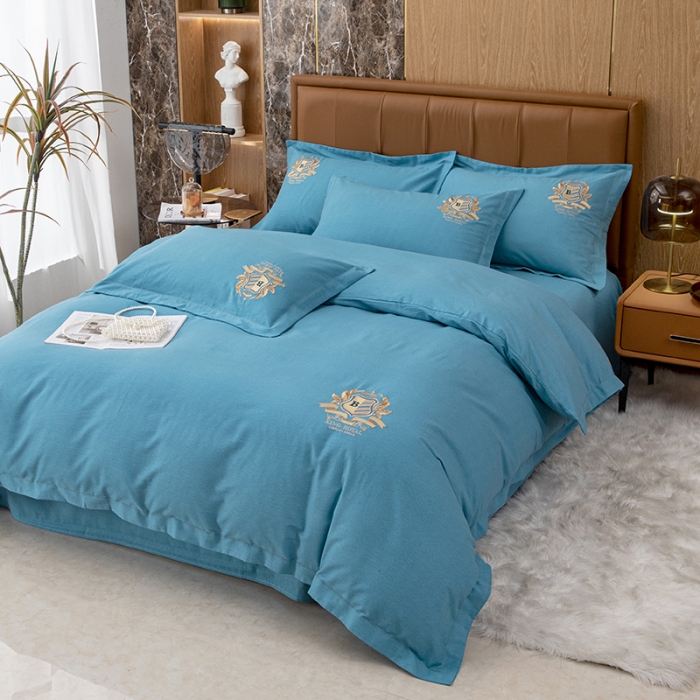 91家纺网 家纺一手货源 找家纺 纽缦 2022新款纯棉加厚纯色绣花款床笠四件套 满朝欢孔雀蓝