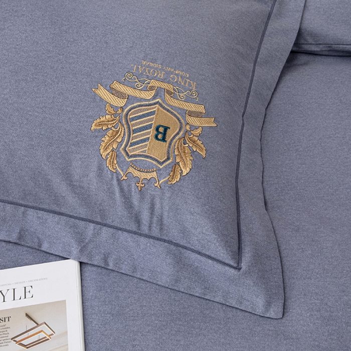 91家纺网 家纺一手货源 找家纺 纽缦 2022新款纯棉加厚纯色绣花款床笠四件套 满朝欢高级灰