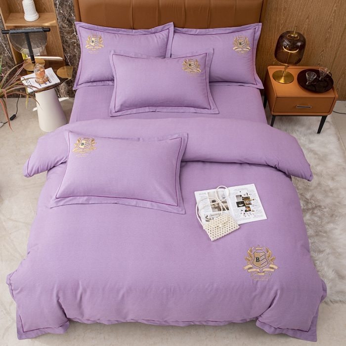 91家纺网 家纺一手货源 找家纺 纽缦 2022新款纯棉加厚纯色绣花款床笠四件套 满朝欢梦幻紫