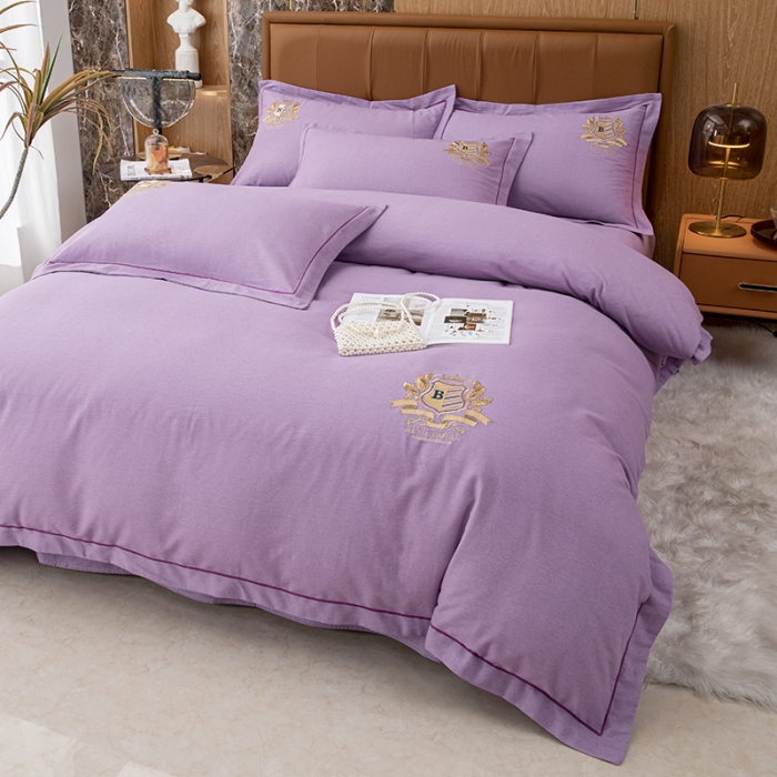 91家纺网 家纺一手货源 找家纺 纽缦 2022新款纯棉加厚纯色绣花款床笠四件套 满朝欢梦幻紫