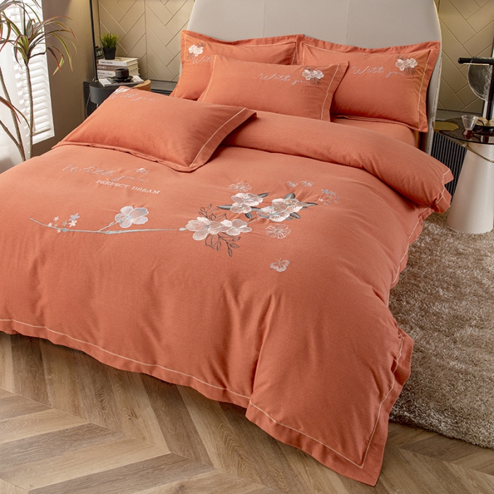91家纺网 家纺一手货源 找家纺 纽缦 2022新款纯棉加厚纯色绣花款床笠四件套 醉花阴爱马橙