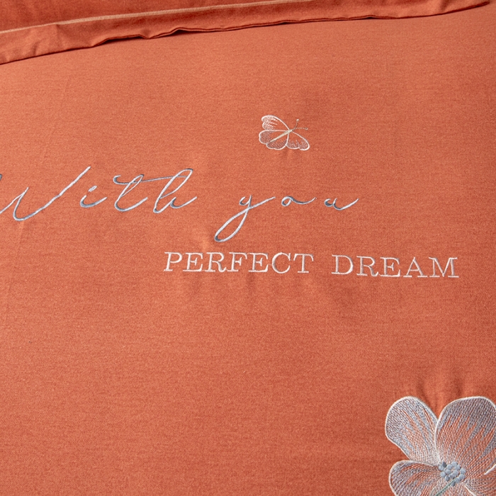 91家纺网 家纺一手货源 找家纺 纽缦 2022新款纯棉加厚纯色绣花款床笠四件套 醉花阴爱马橙