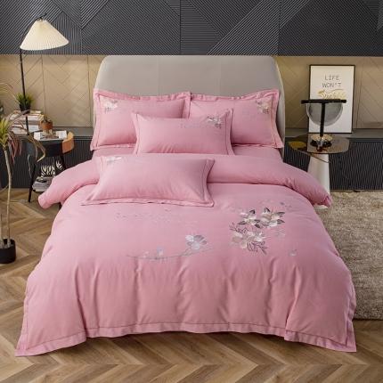 纽缦 2022新款纯棉加厚纯色绣花款床笠四件套 醉花阴豆沙粉