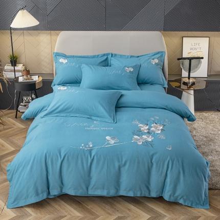 纽缦 2022新款纯棉加厚纯色绣花款床笠四件套 醉花阴孔雀蓝