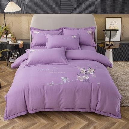 纽缦 2022新款纯棉加厚纯色绣花款床笠四件套 醉花阴梦幻紫