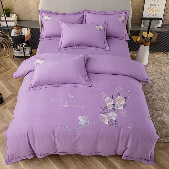 91家纺网 家纺一手货源 找家纺 纽缦 2022新款纯棉加厚纯色绣花款床笠四件套 醉花阴梦幻紫