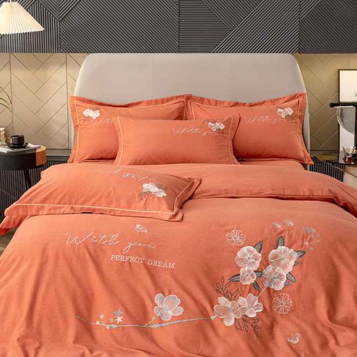 91家纺网 家纺一手货源 找家纺 纽缦 2022新款纯棉加厚纯色绣花款床笠四件套 醉花阴爱马橙