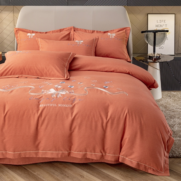 91家纺网 家纺一手货源 找家纺 纽缦 2022新款纯棉加厚纯色绣花款床裙四件套 蝶恋花爱马橙