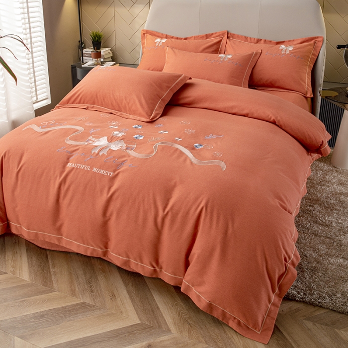 91家纺网 家纺一手货源 找家纺 纽缦 2022新款纯棉加厚纯色绣花款床裙四件套 蝶恋花爱马橙