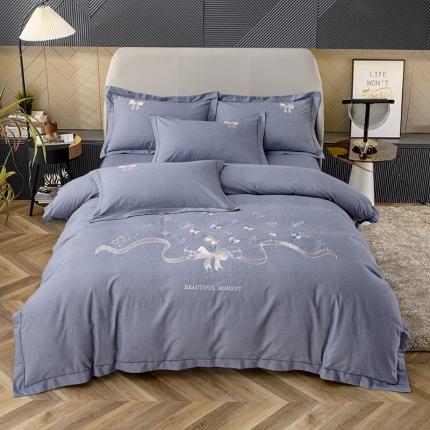 纽缦 2022新款纯棉加厚纯色绣花款床裙四件套 蝶恋花高级灰