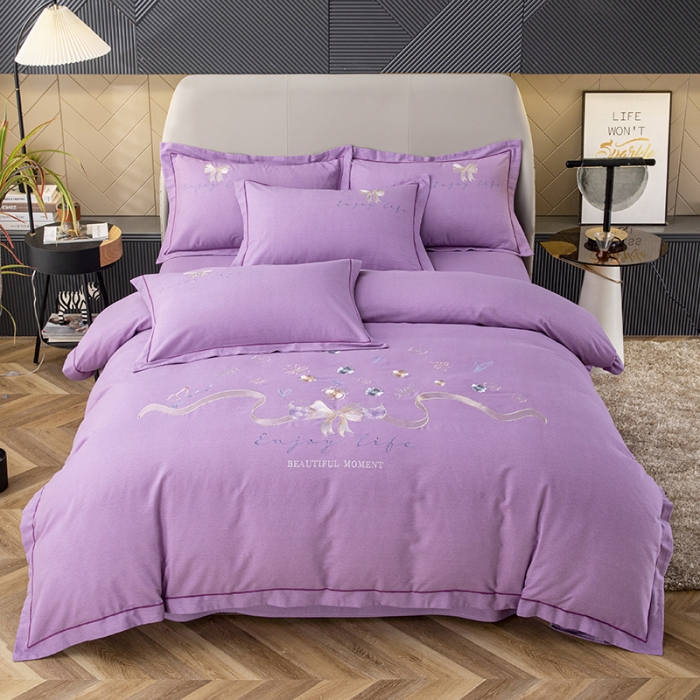 91家纺网 家纺一手货源 找家纺 纽缦 2022新款纯棉加厚纯色绣花款床裙四件套 蝶恋花梦幻紫