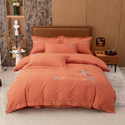 纽缦 2022新款纯棉加厚纯色绣花款床裙四件套 锦园春爱马橙