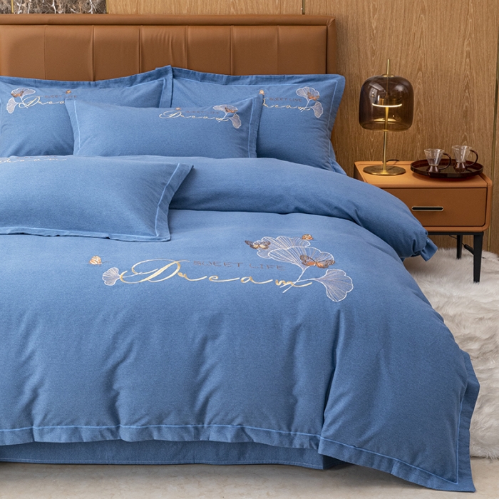 91家纺网 家纺一手货源 找家纺 纽缦 2022新款纯棉加厚纯色绣花款床裙四件套 锦园春宝石蓝