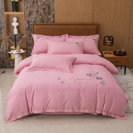 纽缦 2022新款纯棉加厚纯色绣花款床裙四件套 锦园春豆沙粉