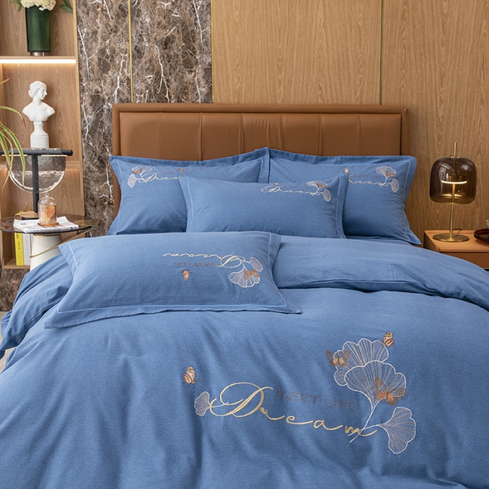 91家纺网 家纺一手货源 找家纺 纽缦 2022新款纯棉加厚纯色绣花款床裙四件套 锦园春宝石蓝