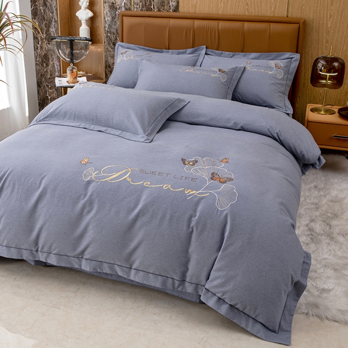 91家纺网 家纺一手货源 找家纺 纽缦 2022新款纯棉加厚纯色绣花款床裙四件套 锦园春高级灰