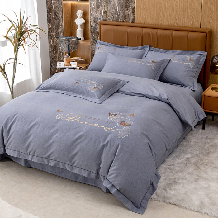 91家纺网 家纺一手货源 找家纺 纽缦 2022新款纯棉加厚纯色绣花款床裙四件套 锦园春高级灰
