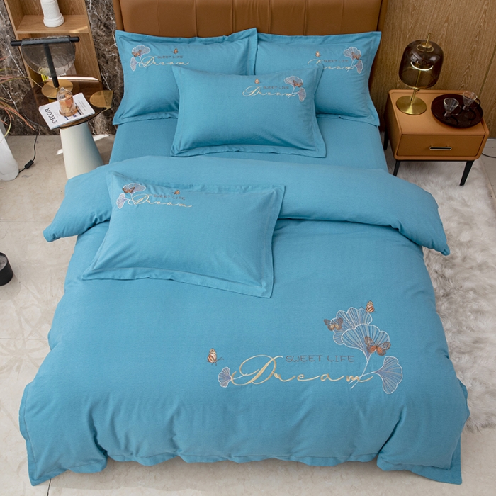 91家纺网 家纺一手货源 找家纺 纽缦 2022新款纯棉加厚纯色绣花款床裙四件套 锦园春孔雀蓝