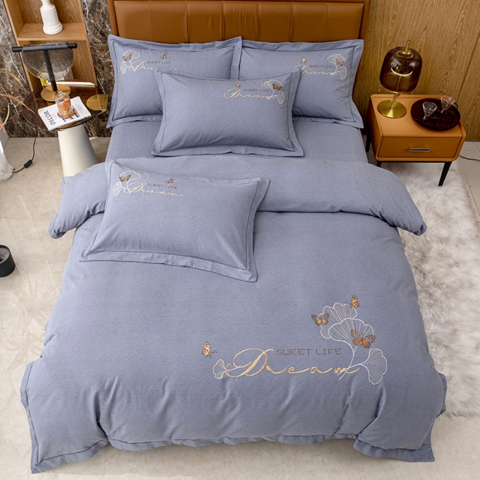 91家纺网 家纺一手货源 找家纺 纽缦 2022新款纯棉加厚纯色绣花款床裙四件套 锦园春高级灰