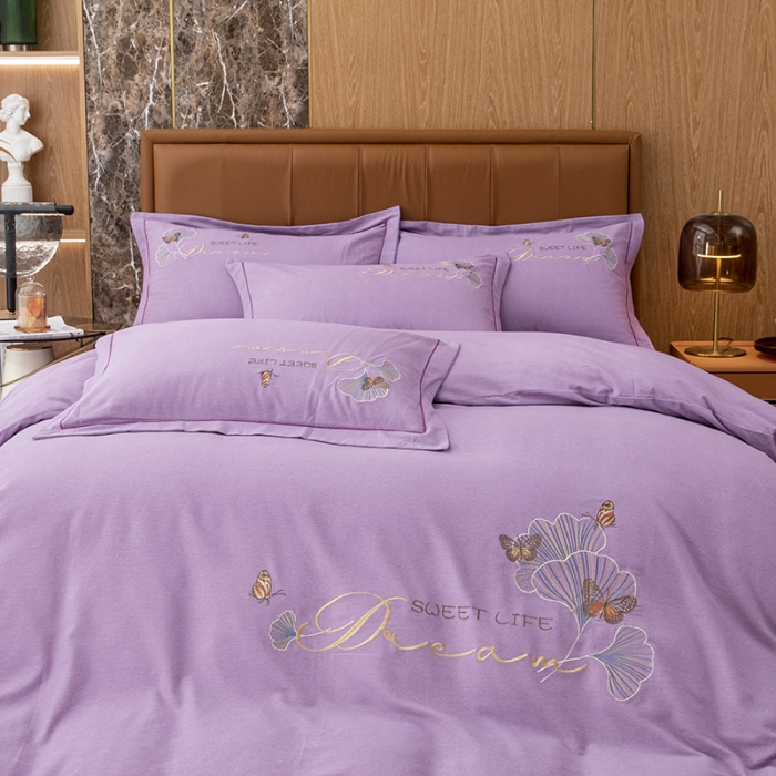 91家纺网 家纺一手货源 找家纺 纽缦 2022新款纯棉加厚纯色绣花款床裙四件套 锦园春梦幻紫