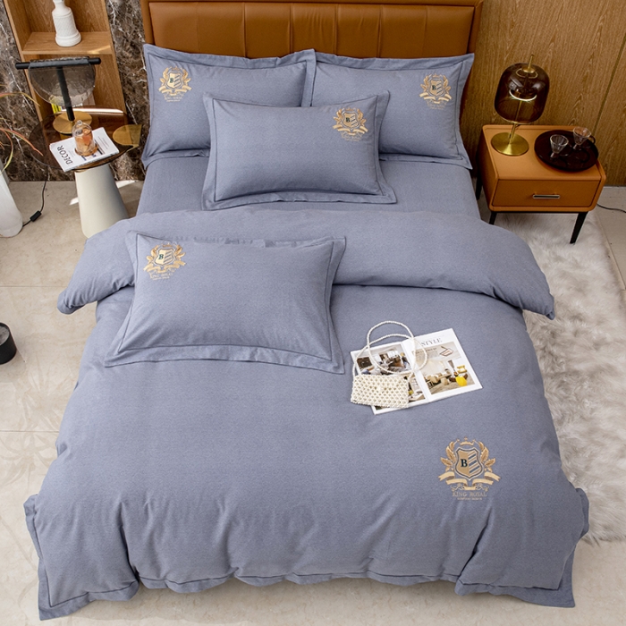 91家纺网 家纺一手货源 找家纺 纽缦 2022新款纯棉加厚纯色绣花款床裙四件套 满朝欢高级灰