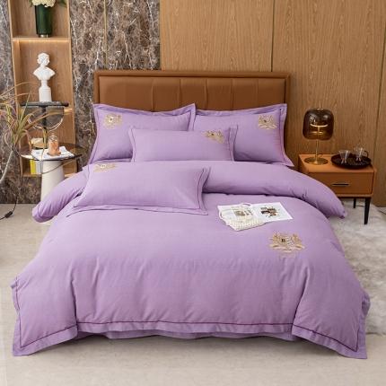 纽缦 2022新款纯棉加厚纯色绣花款床裙四件套 满朝欢梦幻紫