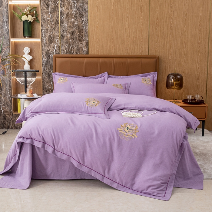 91家纺网 家纺一手货源 找家纺 纽缦 2022新款纯棉加厚纯色绣花款床裙四件套 满朝欢梦幻紫