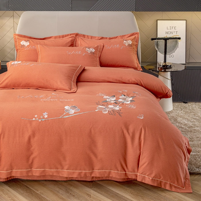 91家纺网 家纺一手货源 找家纺 纽缦 2022新款纯棉加厚纯色绣花款床裙四件套 醉花阴爱马橙