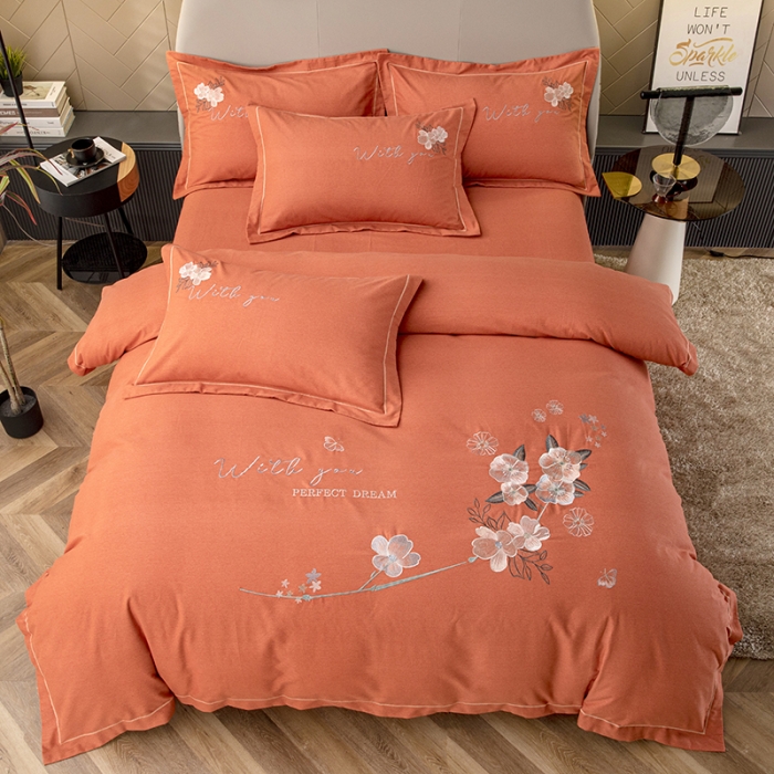 91家纺网 家纺一手货源 找家纺 纽缦 2022新款纯棉加厚纯色绣花款床裙四件套 醉花阴爱马橙