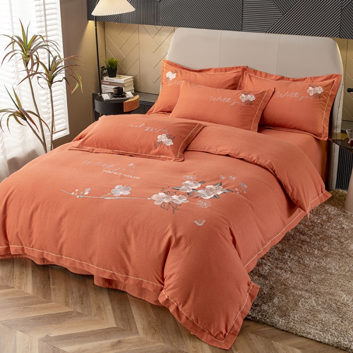 91家纺网 家纺一手货源 找家纺 纽缦 2022新款纯棉加厚纯色绣花款床裙四件套 醉花阴爱马橙