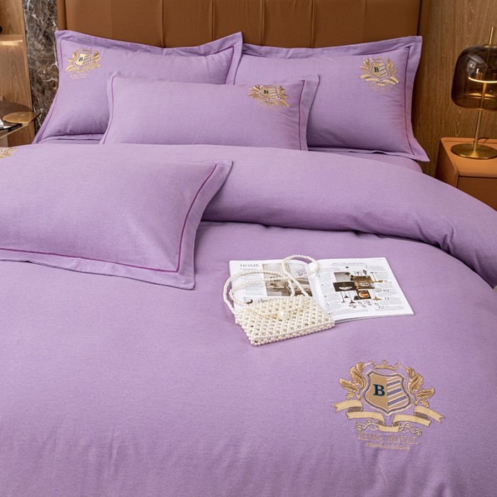 91家纺网 家纺一手货源 找家纺 纽缦 2022新款纯棉加厚纯色绣花款床裙四件套 满朝欢梦幻紫