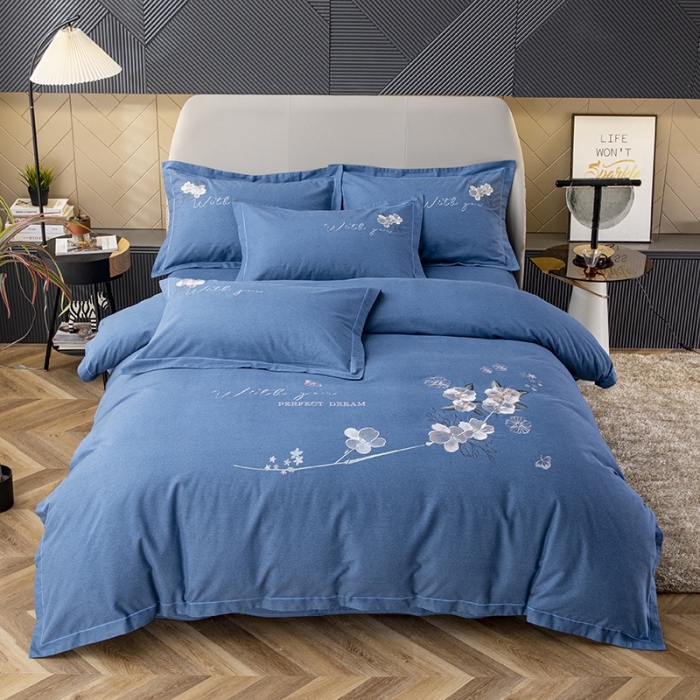 91家纺网 家纺一手货源 找家纺 纽缦 2022新款纯棉加厚纯色绣花款床裙四件套 醉花阴宝石蓝