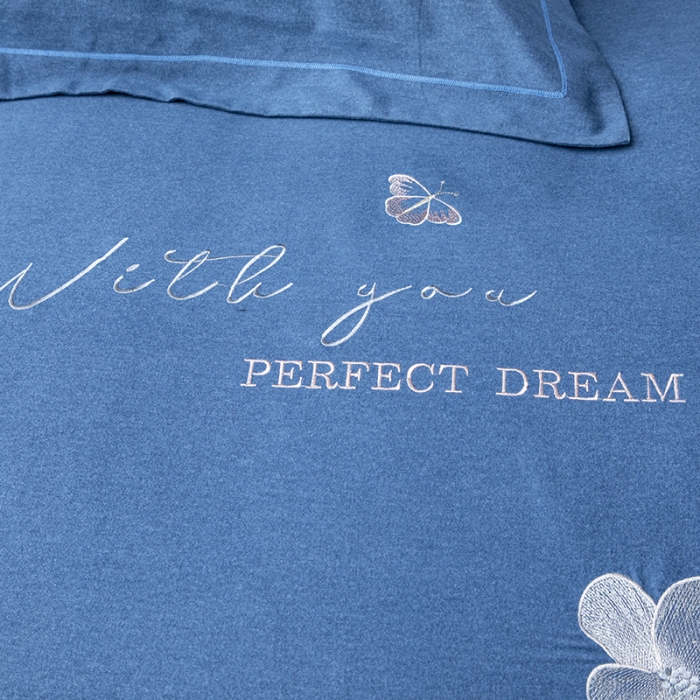 91家纺网 家纺一手货源 找家纺 纽缦 2022新款纯棉加厚纯色绣花款床裙四件套 醉花阴宝石蓝