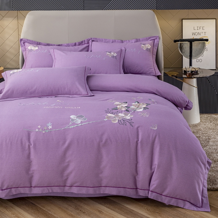 91家纺网 家纺一手货源 找家纺 纽缦 2022新款纯棉加厚纯色绣花款床裙四件套 醉花阴梦幻紫