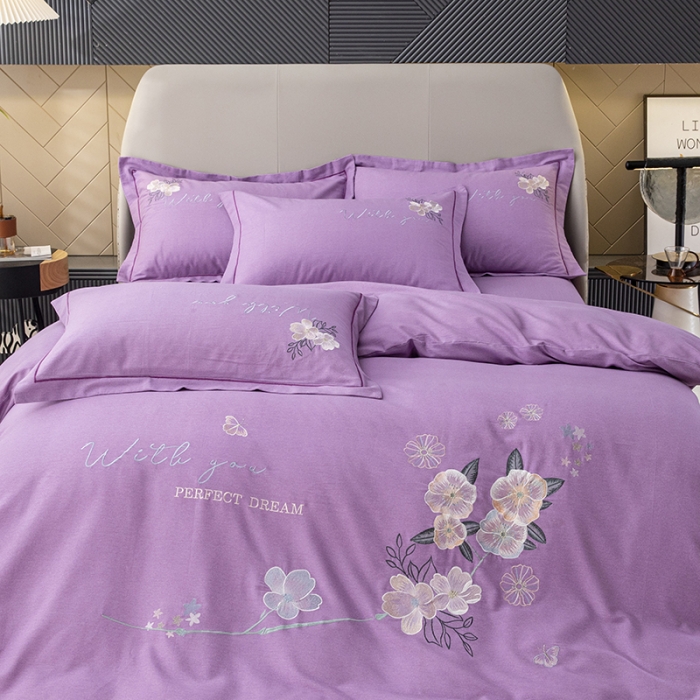 91家纺网 家纺一手货源 找家纺 纽缦 2022新款纯棉加厚纯色绣花款床裙四件套 醉花阴梦幻紫